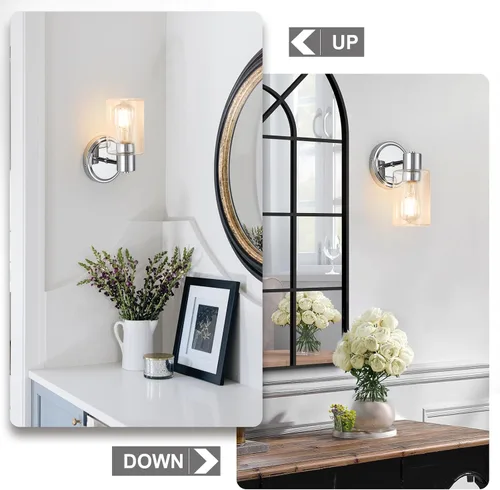 Vista 8 de Apliques de Pared de Baño de 2 Luces con Cristal Transparente, Luces de Pared de Baño Sobre Espejo, Luces de Tocador Cromadas con Base E26