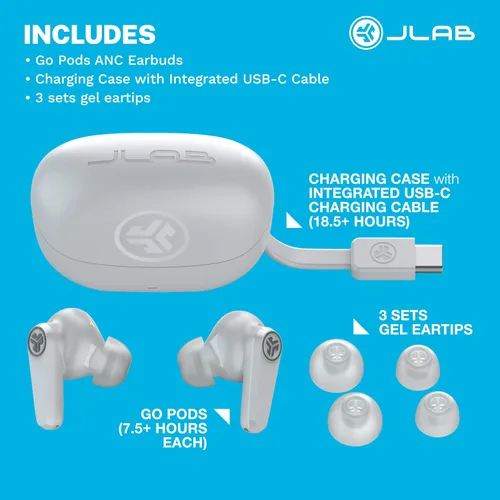 Vista 9 de JLab Go Pods ANC Auriculares Bluetooth verdaderamente inalámbricos y funda de carga, cancelación de ruido activa híbrida + Be Aware para una escucha