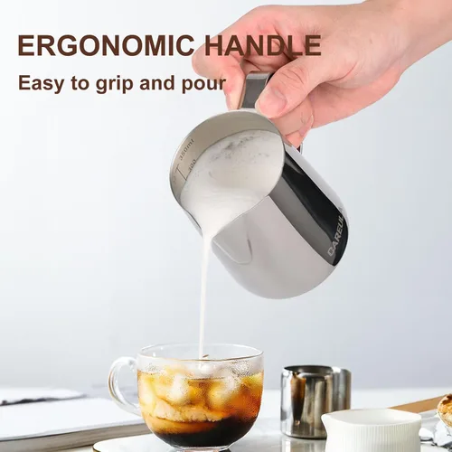 Vista 8 de Jarra de espuma de leche, taza espumadora de leche de acero inoxidable de 12 onzas, jarra de vapor para barra de café, capuchino, accesorios para A0