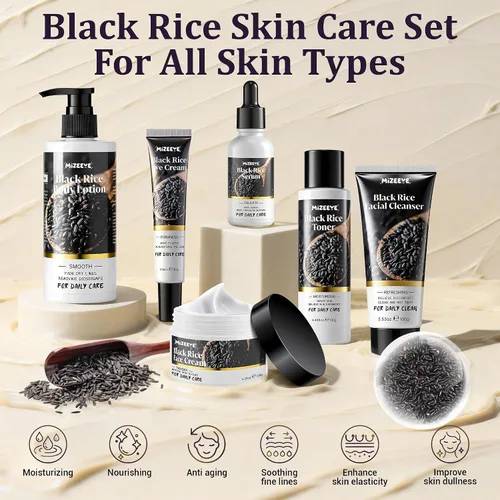 Vista 2 de Juego de rutina de cuidado de la piel de arroz negro natural para mujeres, kit antienvejecimiento con lavado facial, tóner, suero, loción corporal