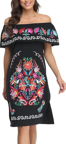 Vista 2 de YZXDORWJ Vestido bordado mexicano para mujer cuello con volantes sin mangas