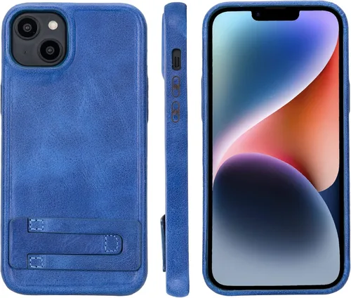 Vista 11 de Bayelon Funda de casco para iPhone 14 Plus - Funda delgada 360 de grano completo - Funda de cuero con función de atril (marrón oscuro)