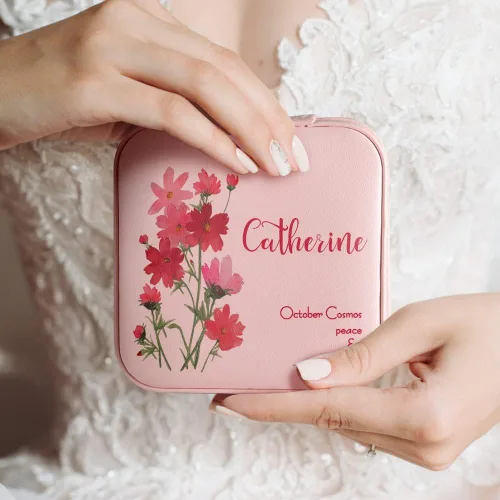 Vista 6 de Joyero de viaje de cuero personalizado para mujer, con nombre grabado y flor de nacimiento, funda personalizada, estuche organizador de joyas, caja