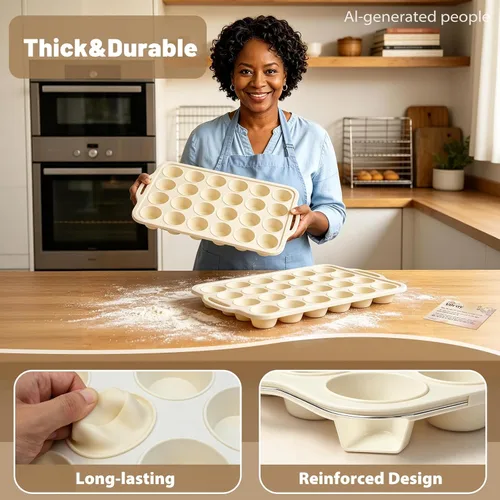 Vista 8 de Beige Mini Silicone Muffin Molds: 2 Pack 24 Small Cupcake Mold for Baking