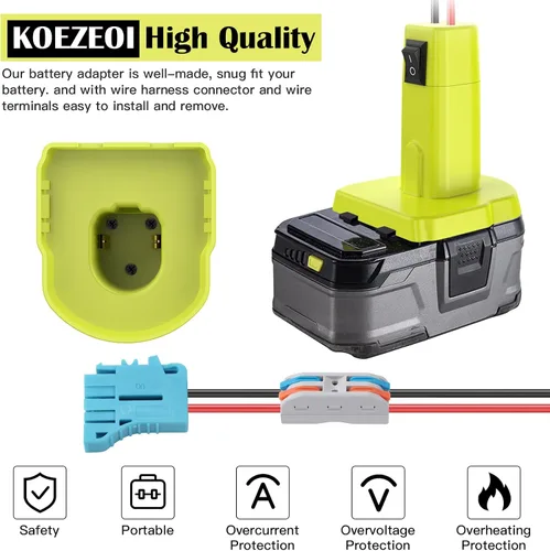 Vista 6 de Adaptador de ruedas eléctricas para Ryobi Adaptador de batería de 18 V, kit de convertidor de batería con fusible, interruptor y conector de arnés