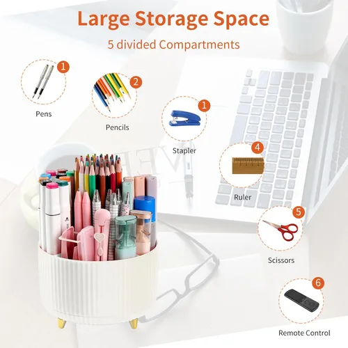 Vista 3 de Soporte para Lápices y Bolígrafos de Escritorio, Organizador Giratório de 5 Ranuras de 360° para Escritorio, Organizador de Suministros de Papelería