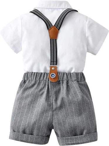 Vista 2 de Conjunto de traje de caballero de manga corta para bebé niño con corbatín + pantalones cortos con tirantes y pantalones cortos para bautizo festivo