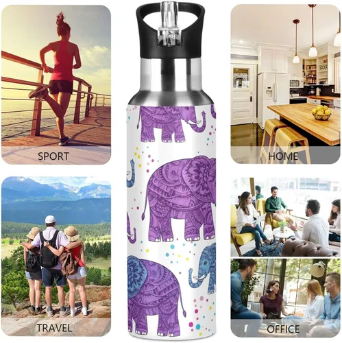 Vista 5 de BPA-Free Sport Water Bottle 32 Oz, Insulated Water Bottle for Gym Outdoor Travel School, Cute Purple Elephants Purple Blue