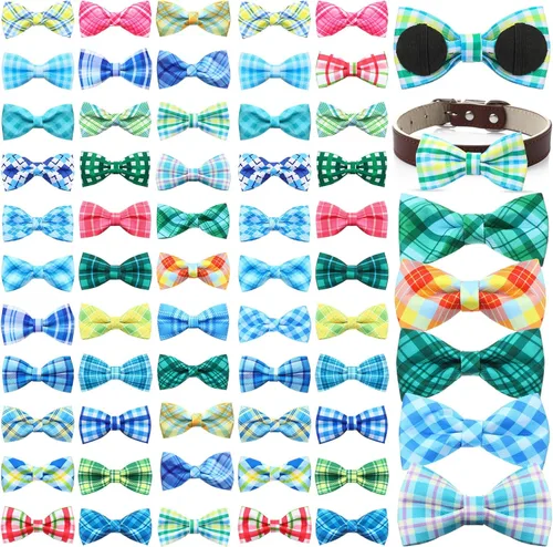 Vista 7 de Silkfly 60 piezas de collar de perro a cuadros, corbatín a granel, accesorios de vacaciones, lazos para cachorros, collares desmontables para perros