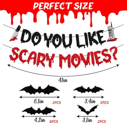 Vista 2 de Decoración de Halloween Do You Like Scary Movies Banner con adornos de murciélago en 3D, películas de terror sagradas, decoración de fiesta nocturna