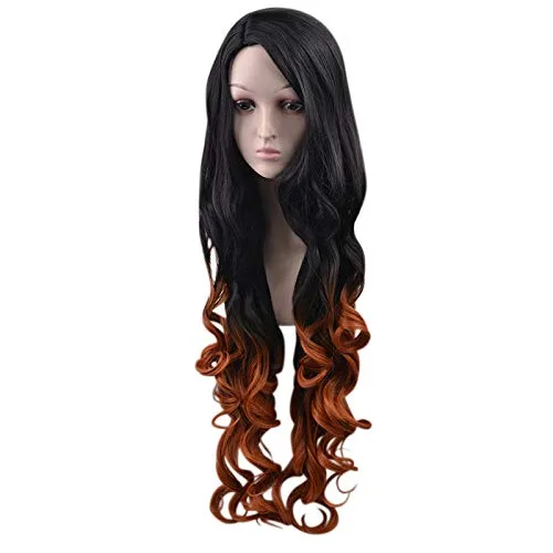 Vista 3 de Peluca de color naranja y negro degradado para mujer, cabello largo y rizado