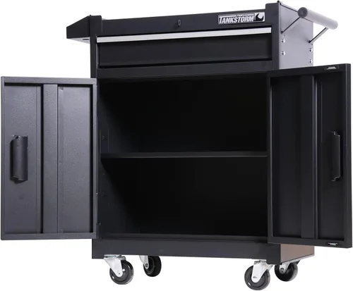 Vista 2 de Caja de herramientas con 1 cajón, caja de herramientas con ruedas de acero resistente con puertas bloqueables (TZ8 negro)