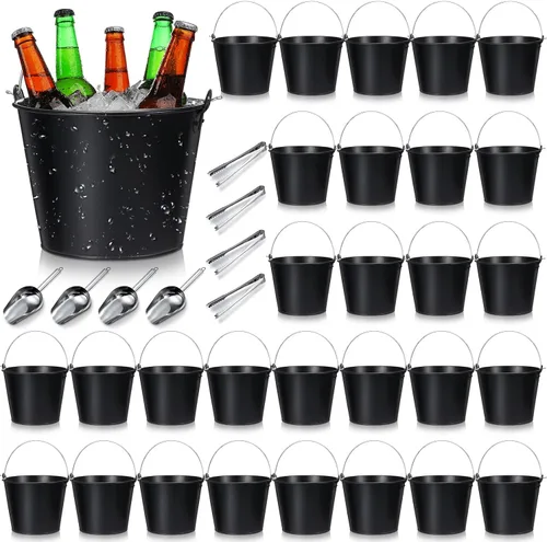 Vista 10 de Zopeal Juego de 24 cubos de cerveza galvanizados, 16 cubos de metal con 4 cucharadas y 4 pinzas, cubo de hielo rústico de 7 pulgadas para fiestas
