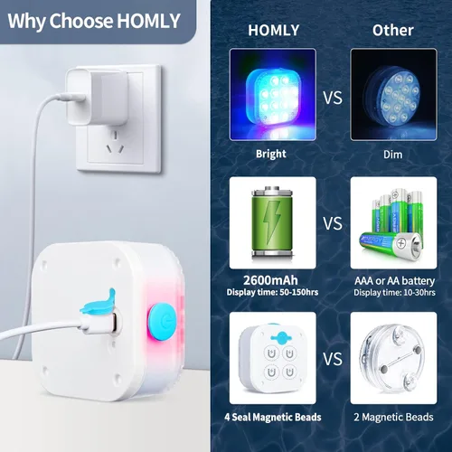 Vista 4 de Homly Luces sumergibles recargables para piscina con control remoto, carga subacuática impermeable, funciona con pilas, 16 luces LED que cambian
