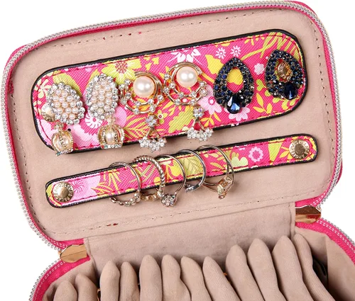 Vista 5 de Angelina's Palace Jewelry Organizer Case Bridesmaid Gifts Travel Bag Vegan Leather Box for Necklace Earring Bracelet Ring(blossom fuschia)