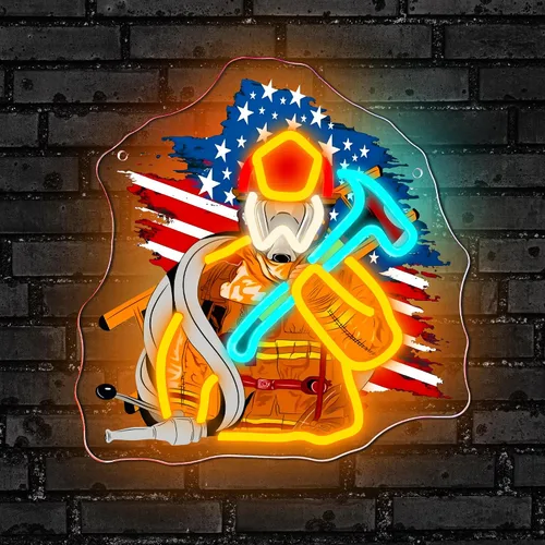 Vista 6 de Mutank Letrero de neón de bombero, bandera estadounidense, luz de neón LED de bombero alimentado por USB, para primeros auxilios, tributo al héroe
