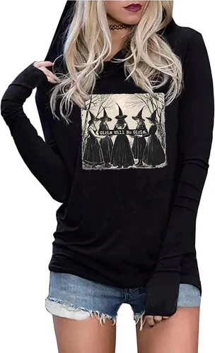 Vista 11 de Susongeth Halloween Sanderson Sisters - Sudadera con capucha para mujer, diseño de Hocus Pocus, de manga larga, ligera, sin botones Negro