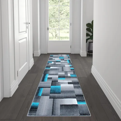 Vista 13 de Flash Furniture Elio Collection - Alfombra de área con patrón de bloques de color, alfombra de olefina azul de pelo alto, alfombra de área de 2 x 3