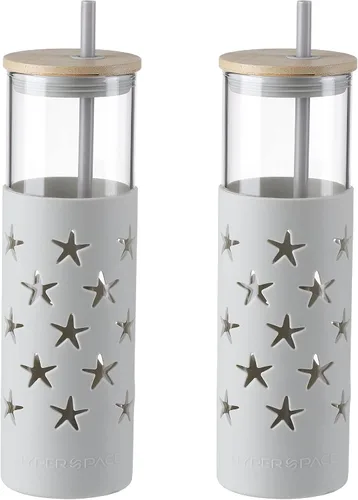 Vista 8 de Hyperspace Botella de agua de vidrio de 20 onzas con funda protectora de silicona y tapa de bambú, vasos de viaje con pajita, sin BPA