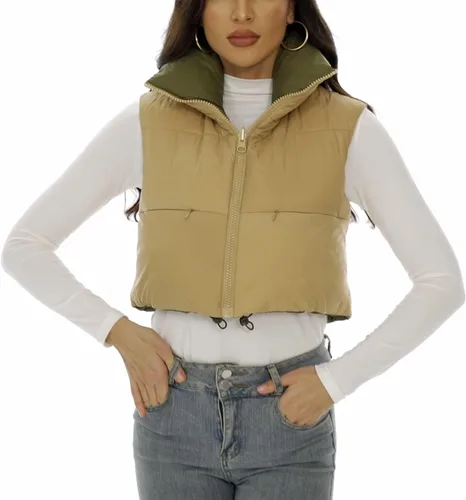 Vista 7 de Kusogiay Chaleco corto acolchado para mujer, ligero, con cremallera, sin mangas, reversible, con bolsillos