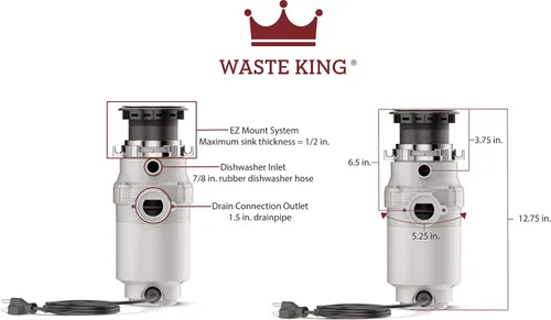 Vista 7 de Waste King L-1001 Triturador de basura con cable de alimentación, 1/2 HP y triturador de basura L-111 con cable de alimentación, 1/3 HP, gris