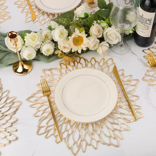 Vista 4 de AdasBridal Juego de 6 manteles individuales redondos dorados para mesa de comedor, manteles individuales de vinilo huecos para decoración de mesa