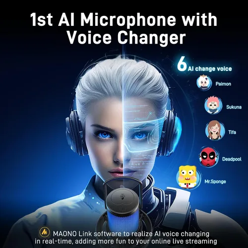 Vista 3 de MAONO Micrófono inalámbrico para PC, micrófono condensador de transmisión de juegos con cambio de voz AI de software, cancelación de ruido de 3