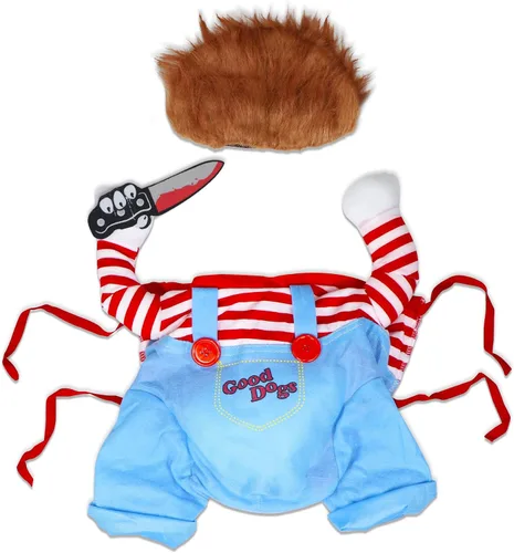 Vista 5 de GOYOSWA Disfraz de Halloween para perro, muñeca mortal para perro, disfraz divertido para perro, ropa de disfraz de Halloween para perros pequeños