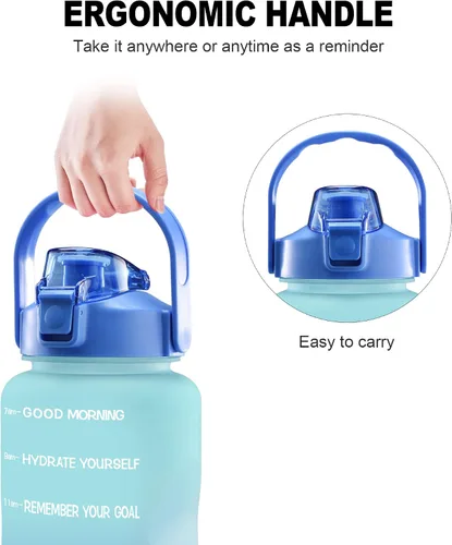 Vista 6 de EYQ Botella de agua potable gratuita sin fugas de 64 oz/128 oz con marcador de tiempo motivacional sin BPA para fitness, gimnasio y deportes al aire