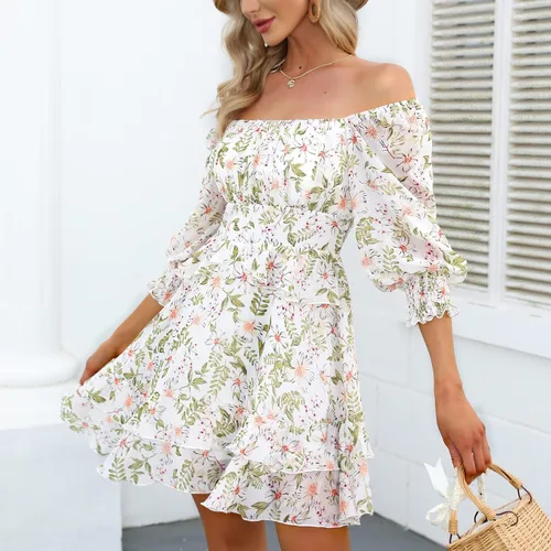 Vista 5 de EXLURA - Vestido corto de verano para mujer vestido con estampado floral diseño escalonado con volantes cuello cuadrado manga larga y hombros