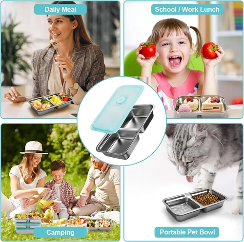 Vista 4 de Recipientes reutilizables de acero inoxidable con tapas, contenedores de doble compartimento para aperitivos, recipientes pequeños para condimentos