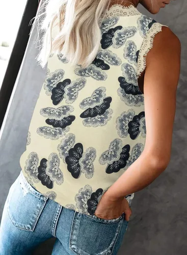 Vista 223 de VIISHOW - Camiseta sin mangas, sexy, con cuello en V y bordes de encaje para mujer, camisola de vestir, camisas de gasa, sin mangas, casuales
