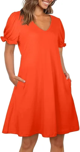 Vista 2 de Aloodor Vestido casual de manga cortalarga con cuello en V y bolsillos para mujer