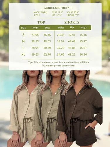 Vista 7 de AUTOMET 2 Piece Outfits For Women Lounge Sets Pajama Sets Long Sleeve Button Down Oversized Shirts And Shorts Fall Tracksuit