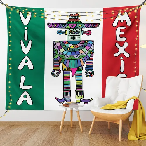 Vista 9 de Lunarable Tapiz mexicano, robot mexicano con sombrero y poncho sobre bandera mexicana, impresión de fondo de color, decoración colgante de pared