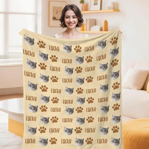 Vista 2 de Manta personalizada con cara de gato y nombre de forro polar suave, divertida manta de fotos de varios tamaños, mantas personalizadas para sofá