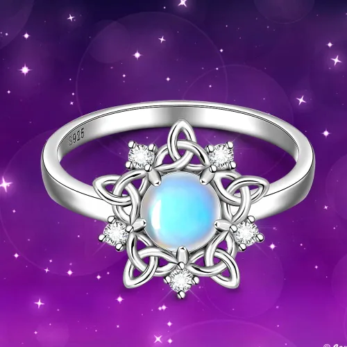 Vista 6 de Anillo de piedra lunar con nudo celta, piedra de nacimiento de junio, anillos de compromiso celta de eternidad, anillos de compromiso para mujer