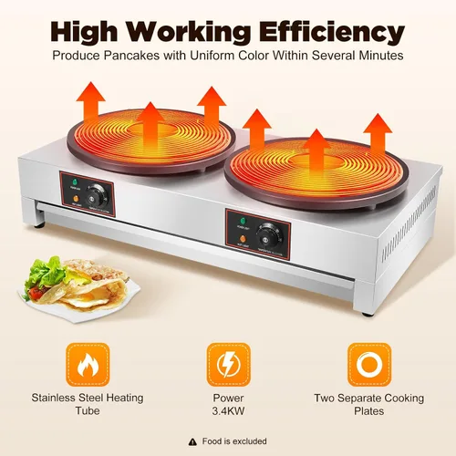 Vista 4 de Máquina de crepas eléctrica comercial de doble cabeza, 16 pulgadas 3400 W de acero inoxidable antiadherente para panqueques, estufa de panqueques