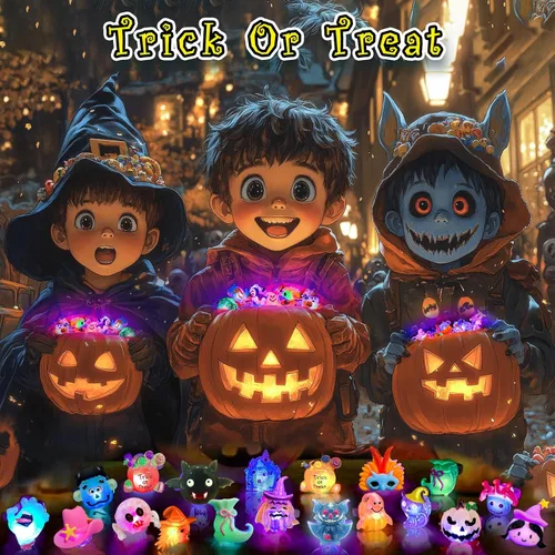 Vista 4 de 38 piezas de artículos de fiesta de Halloween para niños, anillos con luz 3D juguetes en cantidad golosinas de Halloween sin dulces, 28 anillos