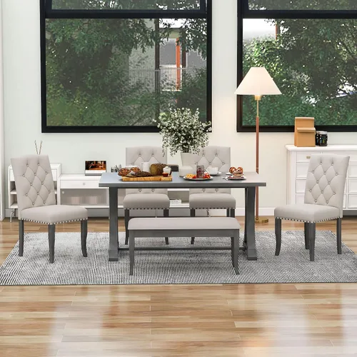 Vista 2 de Juego de mesa de comedor de 6 piezas estilo granja, mesa rectangular con soporte y 4 sillas tapizadas y banco, juego de muebles de cocina