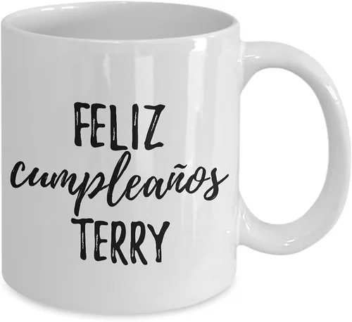 Vista 2 de Feliz Cumpleanos Terry Mug Spanish Happy Birthday Personalized Name Gift Coffee Tea Cup 11 oz