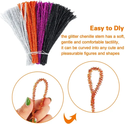 Vista 7 de 400 piezas de limpiapipas para Halloween, tallos de felpilla con purpurina, tallos de felpilla para arte creativo, decoración de Halloween, Acción