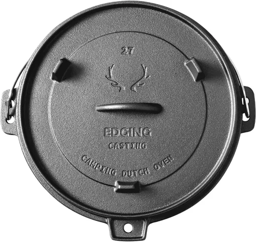 Vista 5 de EDGING CASTING Olla holandesa de hierro fundido pre-curada con tapa de sartén, olla profunda para acampar al aire libre para chimenea, cocina