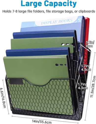 Vista 4 de Organizador magnético de archivos de 3 bolsillos para oficina y hogar, cargador vertical y soporte de correo con montaje sin taladrar para pared
