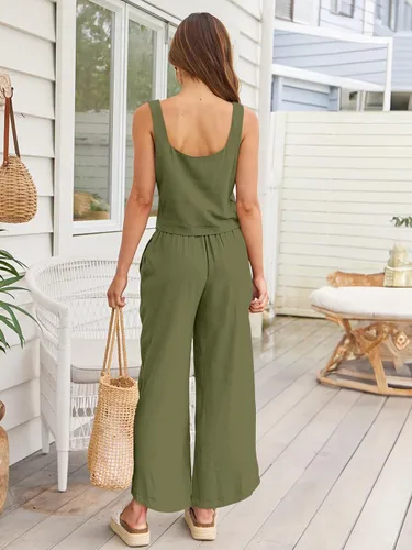 Vista 2 de AUTOMET Conjuntos de verano de 2 piezas para mujer, casuales, suaves, a juego, de dos piezas, de lino, pantalones de moda, ropa de moda