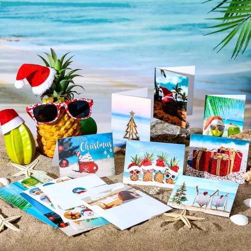 Vista 2 de Ctosree 60 juegos de tarjetas de felicitación de Navidad en julio, verano, estilo playa, a granel, con sobres y calcomanías para suministros