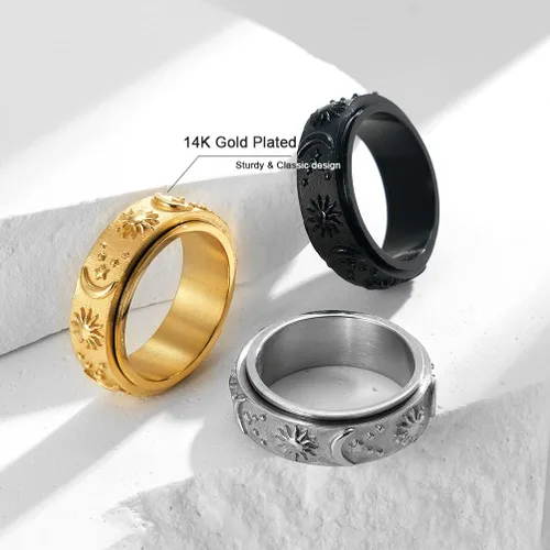 Vista 7 de MOROYA Anillo anti ansiedad chapado en oro de 14 quilates para mujeres y hombres, anillo giratorio de acero inoxidable con caja negra empaquetada