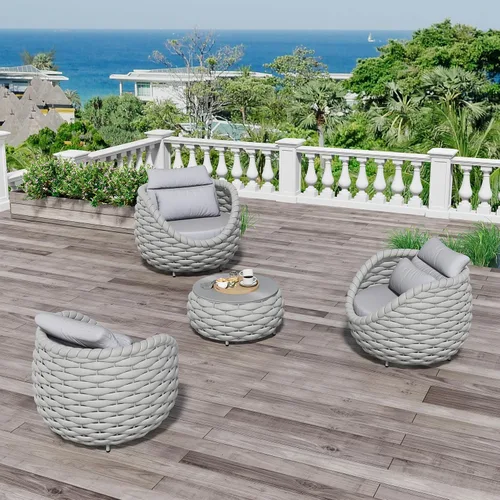 Vista 32 de Juego de muebles de patio de aluminio de 3 piezas: cuerda tejida a mano para conversación al aire libre, juego de 2 cojines modernos montados, juego