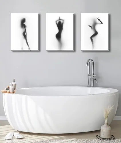 Vista 2 de Arte de pared para decoración de baño, 3 piezas, arte de pared en blanco y negro, pósteres sexys, impresión en lienzo, pintura de silueta nebulosa