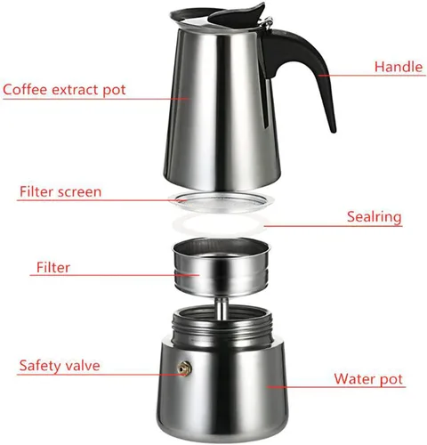 Vista 6 de Cafetera eléctrica Moka de acero inoxidable con estufa plateada 6 tazas (11.8 fl oz)/9 tazas (15.2 fl oz) (10.1 fl oz)
